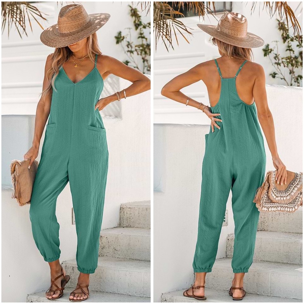Cupshe Womens Small Teal Green‎ Textured V-Neck Sleeveless Jumpsuit Jogger Leg